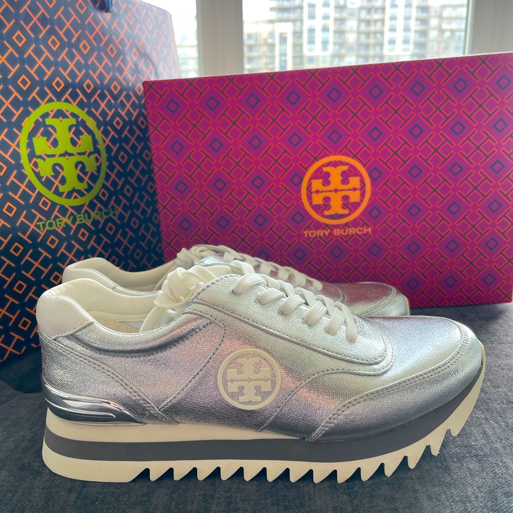 Tory Burch White Sawtooth metallic Sneakers